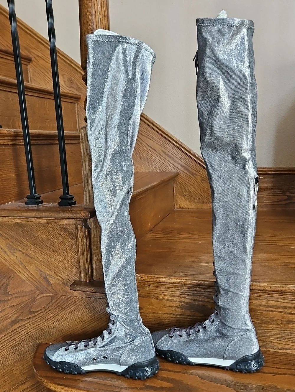 Emporio Armani Over-the-Knee Lace-Up Grey Metallic Sneaker Boots